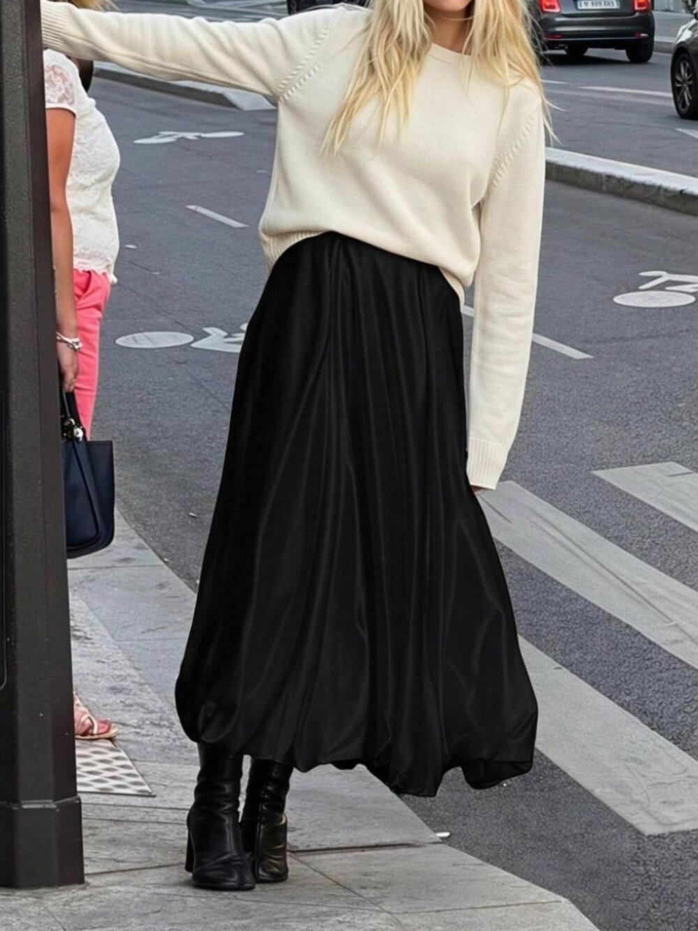 Black Satin Maxi Skirt with Full Asymmetric Bubble Hem